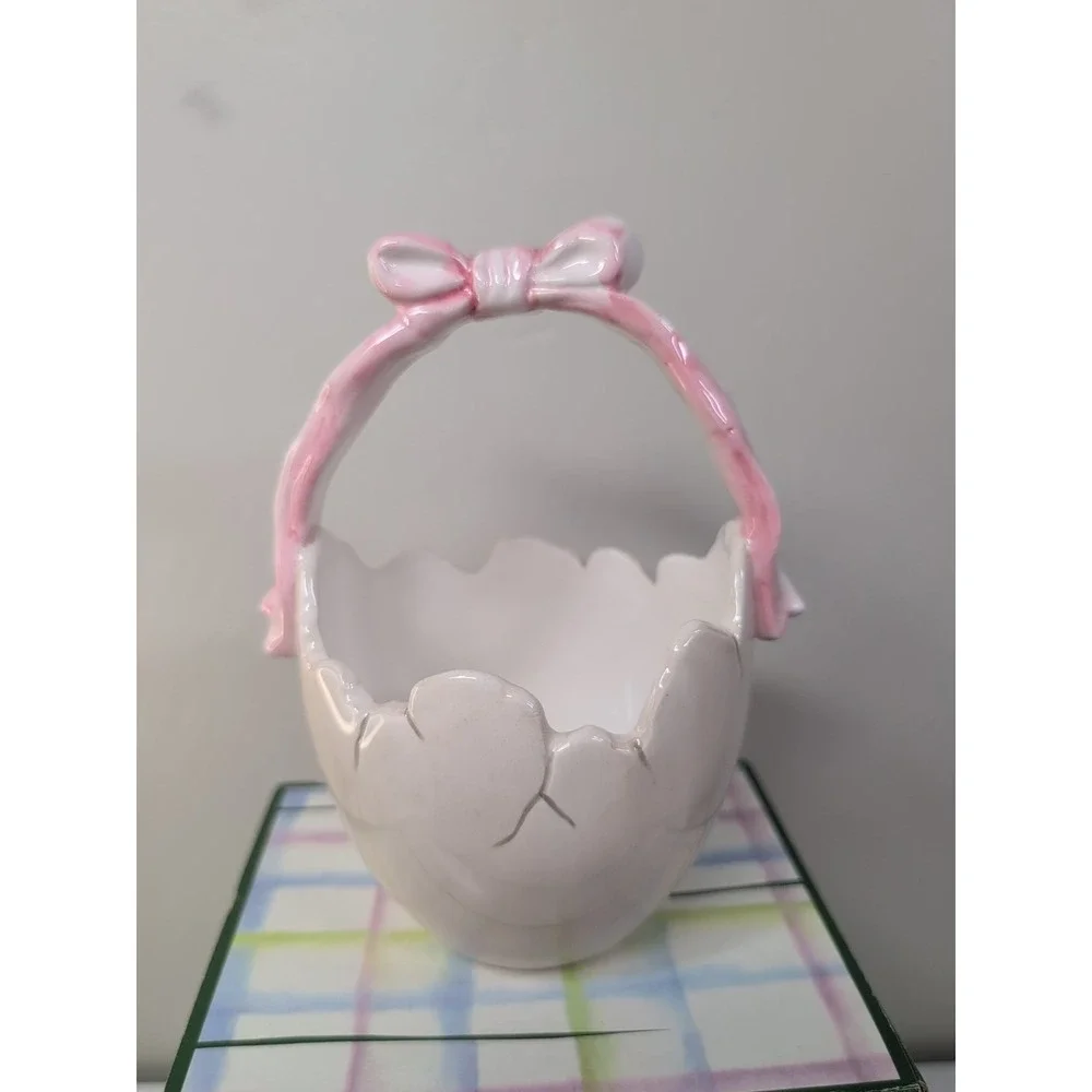 Ceramic Egg Basket, Easter, In‎ Original Box & Packaging, Pink Bow Vintage